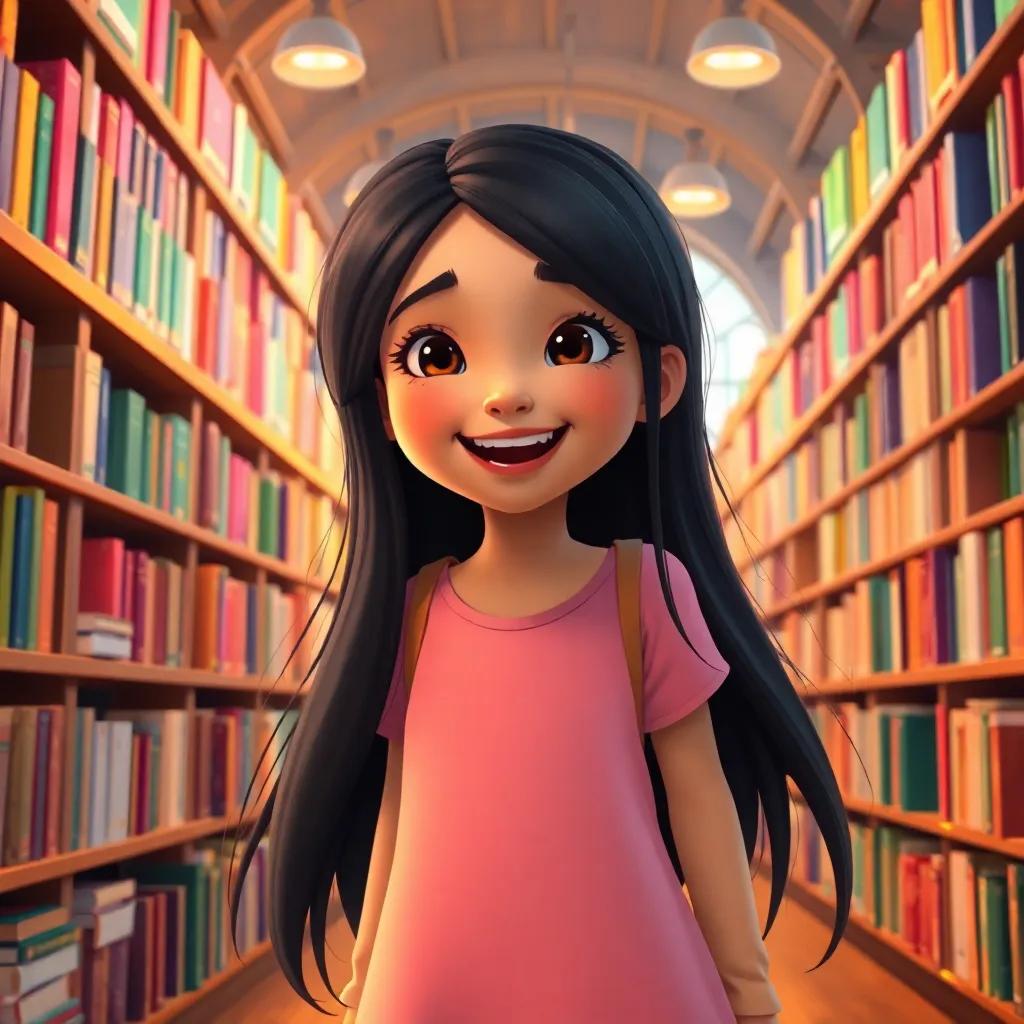 Nasreen, a young girl with a round face and long, smooth black hair, joyfully exploring a large library with colorful books, warm lighting, vibrant colors, cheerful atmosphere, highly detailed