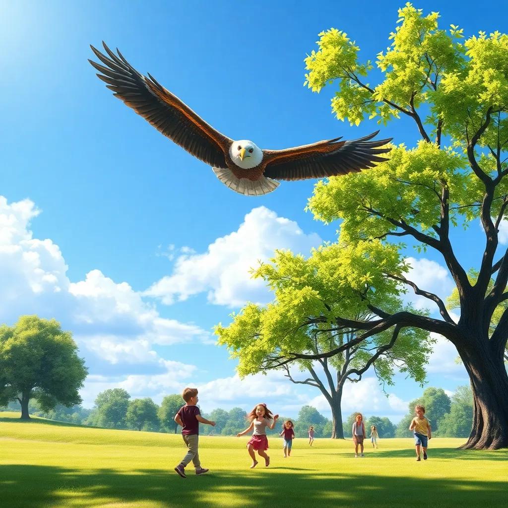 A sunny park with children playing joyfully, a large magnificent eagle soaring in the sky above them, a tree with green leaves, bright colors, cheerful atmosphere, high quality
