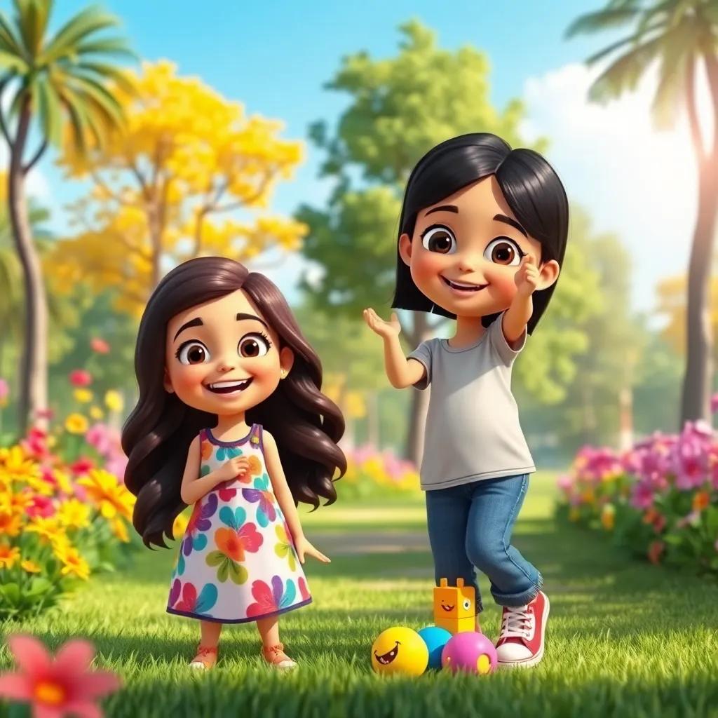 A sunny park with vibrant flowers and tall trees, showcasing two young girls, Nasmah, a cheerful Arab girl with long, wavy dark hair wearing a colorful dress, and Ghazal, an Arab girl with straight black hair in a playful t-shirt and jeans, playing joyfully with colorful toys, cheerful atmosphere, bright and lively colors, child-friendly