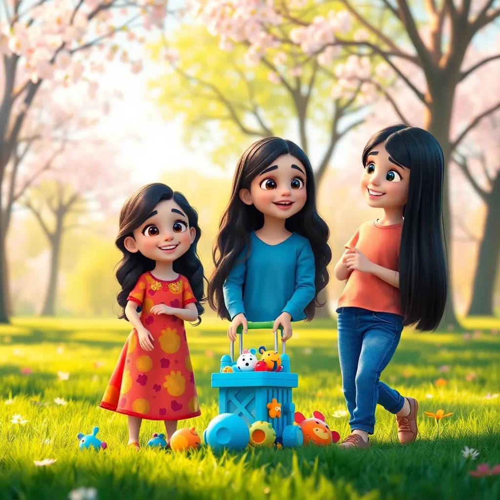 Nasmah, a cheerful Arab girl with long, wavy dark hair, wearing a colorful dress, and Ghazal, an Arab girl with straight black hair in a playful t-shirt and jeans, happily gathering toys in a beautiful park filled with flowering trees, bright sunlight, warm colors, engaging scene, joyful and collaborative moment