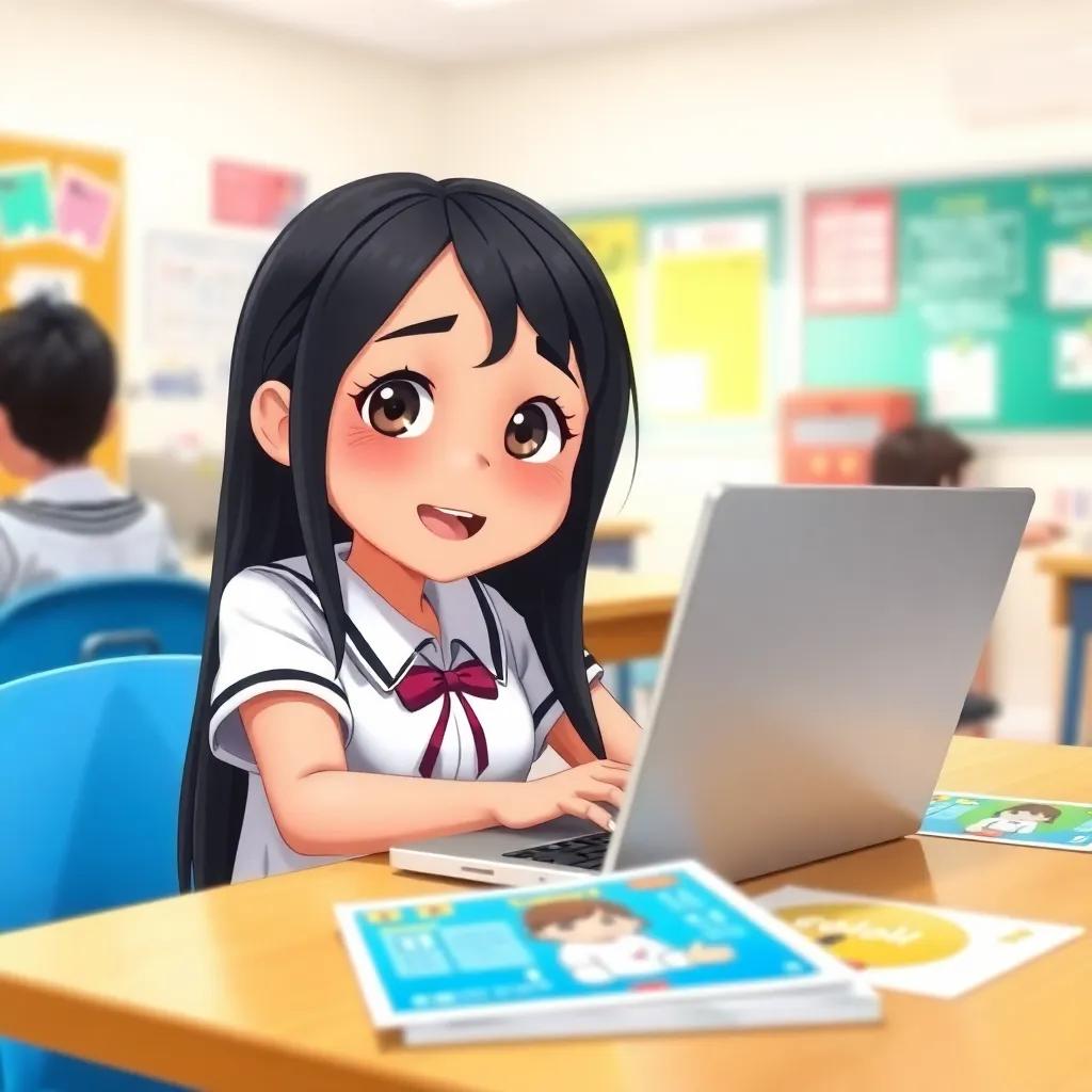 A middle school girl, Leila, with long black hair and wearing a school uniform, sitting at a desk with her laptop open, looking excited and a little curious, surrounded by colorful flyers on the table, bright classroom background, cheerful atmosphere, digital art, vibrant colors, child-friendly, high quality