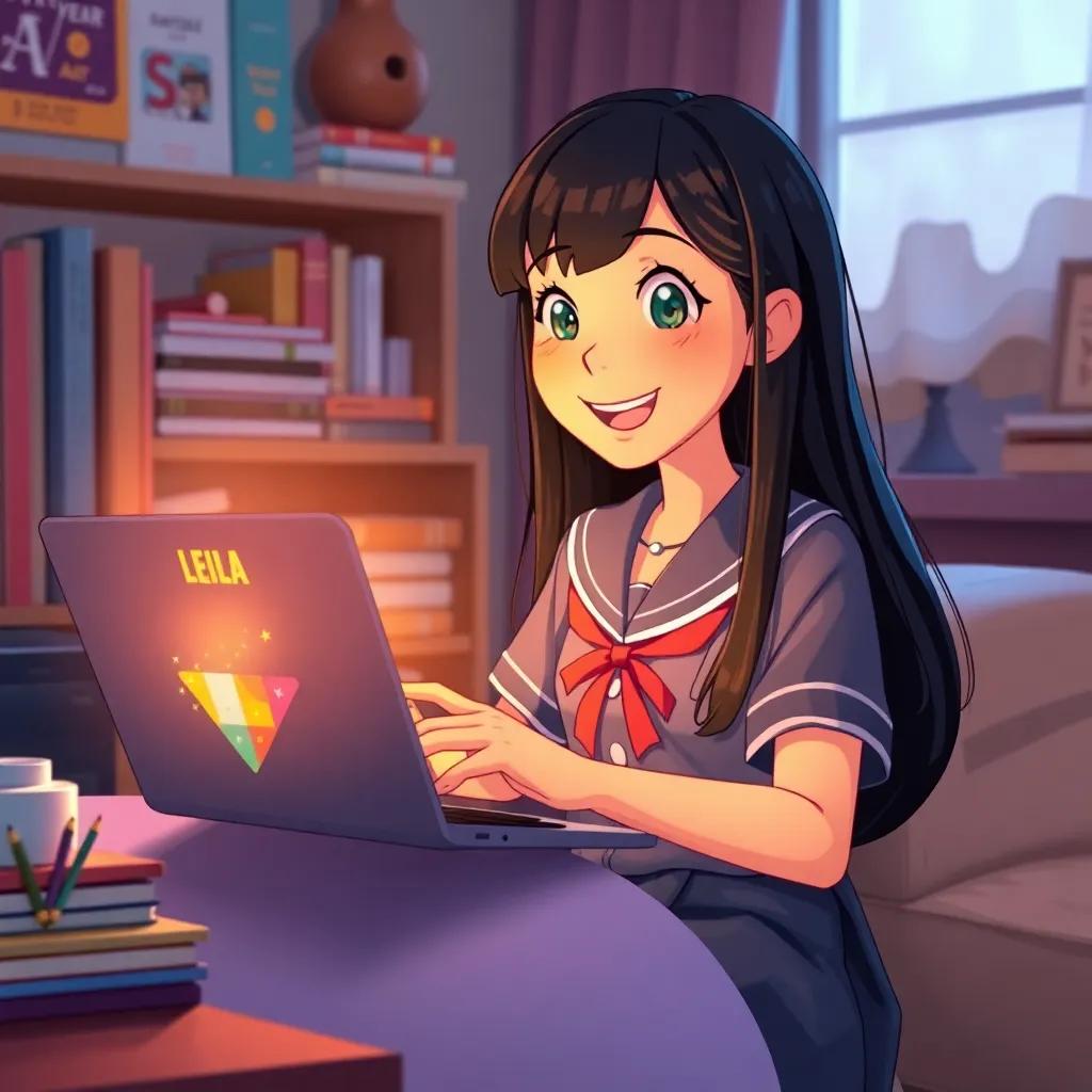 Leila, a middle school girl with long black hair in a school uniform, happily designing colorful flyers on her laptop at home, with glowing screen light reflecting on her face, cozy room filled with books and art supplies, warm colors, inspiring atmosphere, high quality