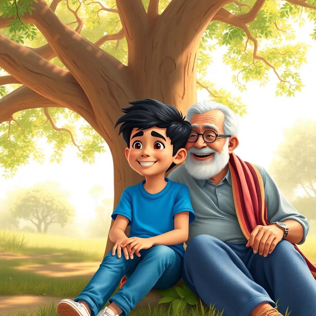A young Arab boy, Ahmed, with short black hair, wearing a blue t-shirt and jeans, sitting under a large tree with his kind grandfather, smiling at each other, bright sunny day, digital art, cheerful atmosphere, warm colors, high quality
