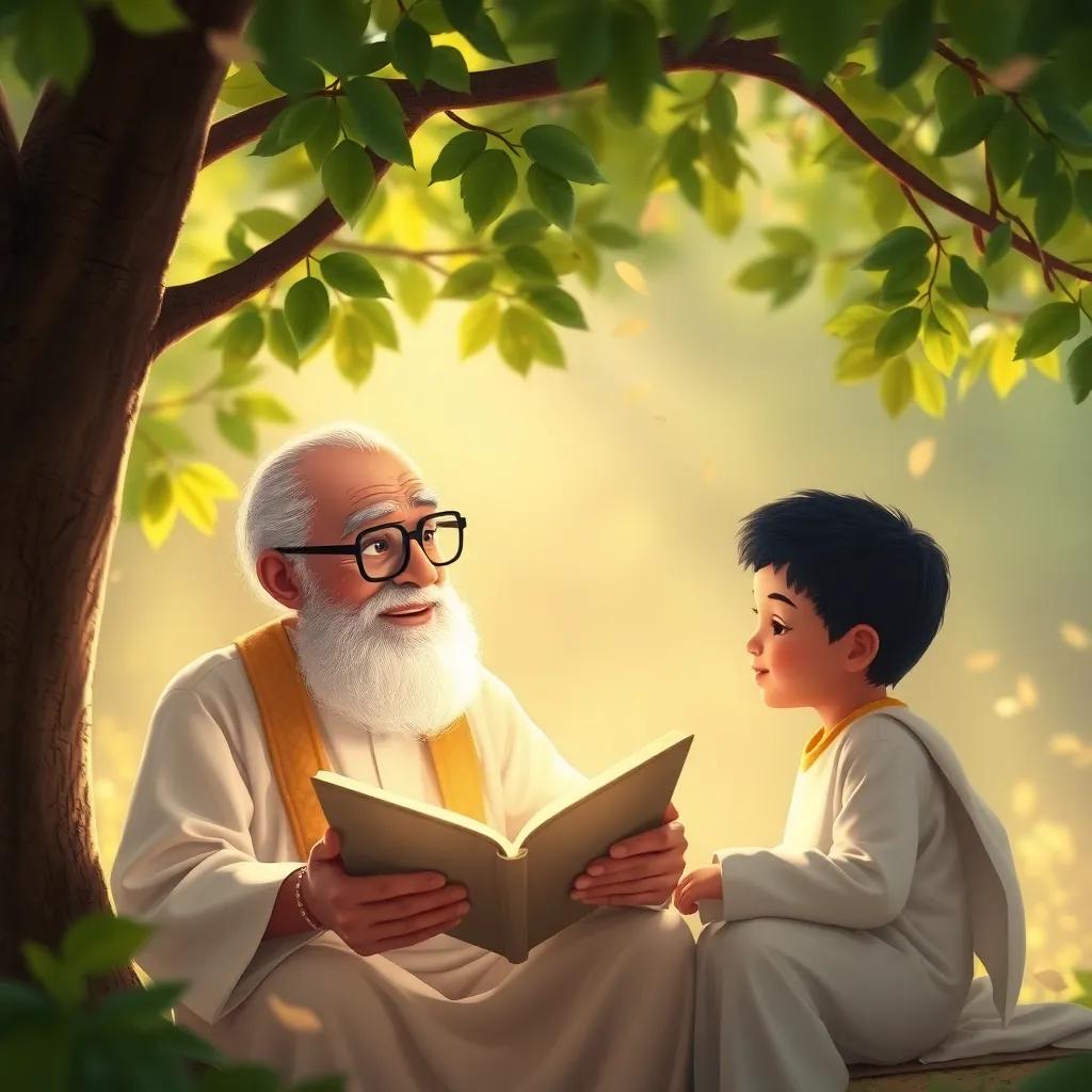 An elderly Arab man, the grandfather with white beard and glasses, wearing a traditional white thobe, telling stories to his grandson Ahmed under the tree, surrounded by green leaves and petals falling, cozy scene, soft light, heartwarming, fantasy