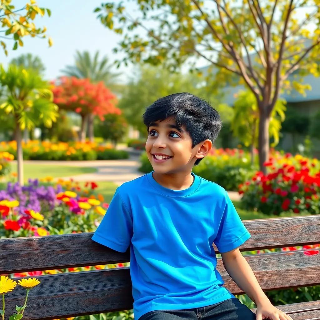 A young Arabic boy, Sami, with short black hair and wearing a bright blue t-shirt, sitting on a bench in a school garden, talking excitedly to his friend, colorful flowers and trees around, digital art, cheerful atmosphere, vibrant colors, inviting view, high quality
