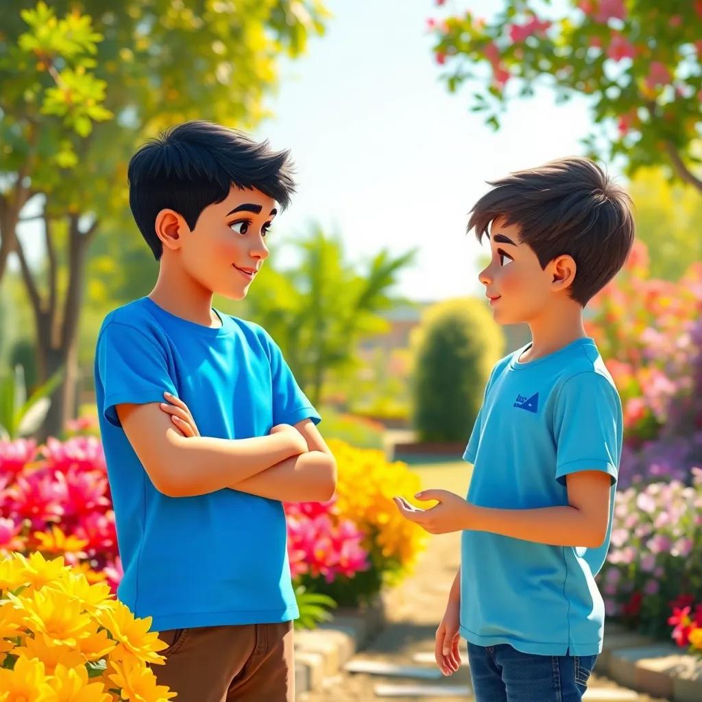 A young Arabic boy, Sami, with short black hair wearing a bright blue t-shirt, standing with another boy, discussing programming in a bright garden, colorful plants and trees, sunny day, illustration, warm light, friendly interaction, high quality