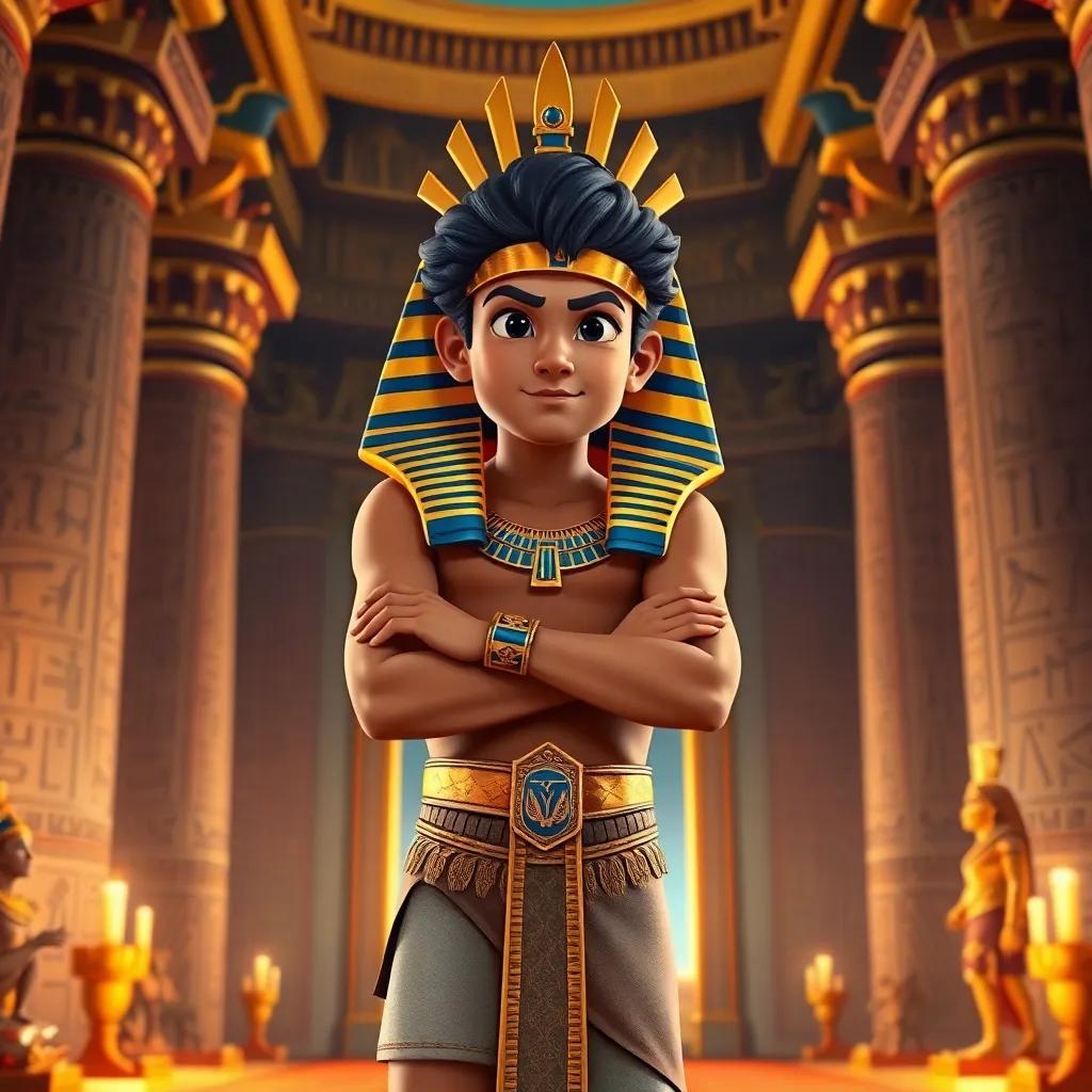 A young Egyptian king, Aḥmās I, with dark hair, wearing a golden pharaoh headdress and a decorated kilt, standing confidently with his arms crossed, in a royal palace adorned with hieroglyphs and ancient artifacts, vibrant colors, powerful atmosphere, breathtaking view, high quality