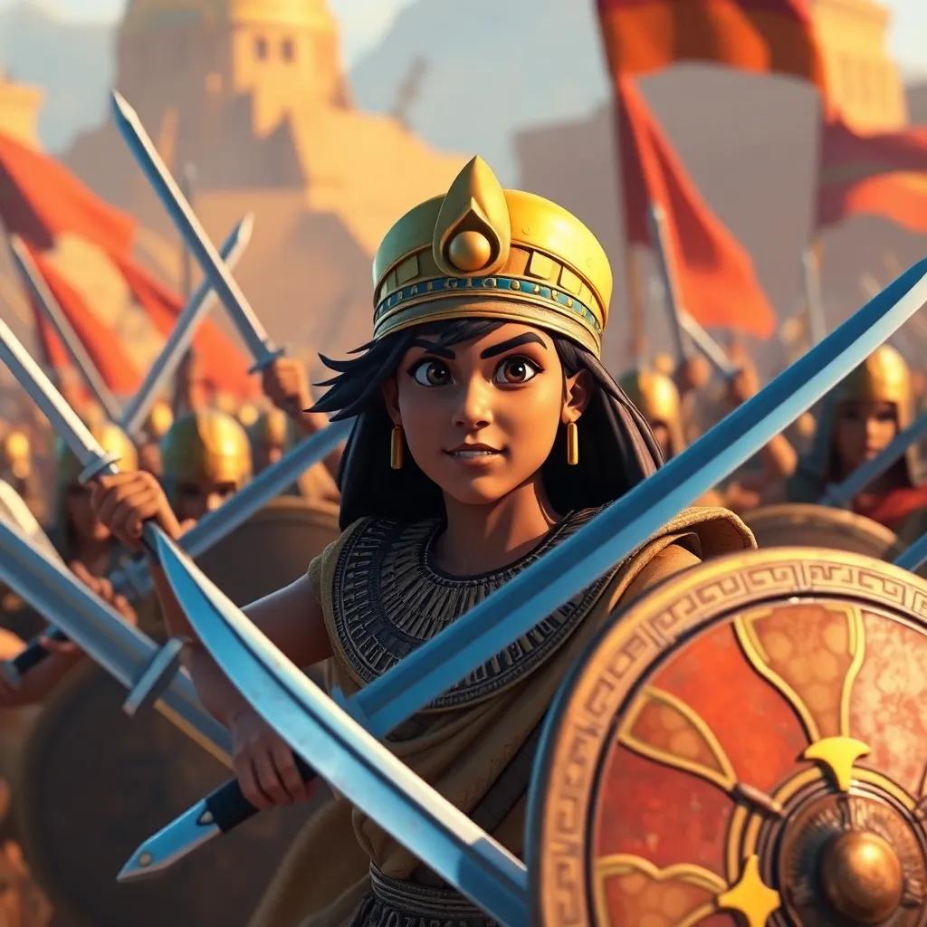 Aḩmās I, a young Egyptian king with dark hair in a golden pharaoh headdress and ornate clothing, leading brave soldiers during a fierce battle against the Hyksos, with swords clashing and shields raised in determination, dynamic composition, dramatic lighting, rich colors, action-packed, heroic scene