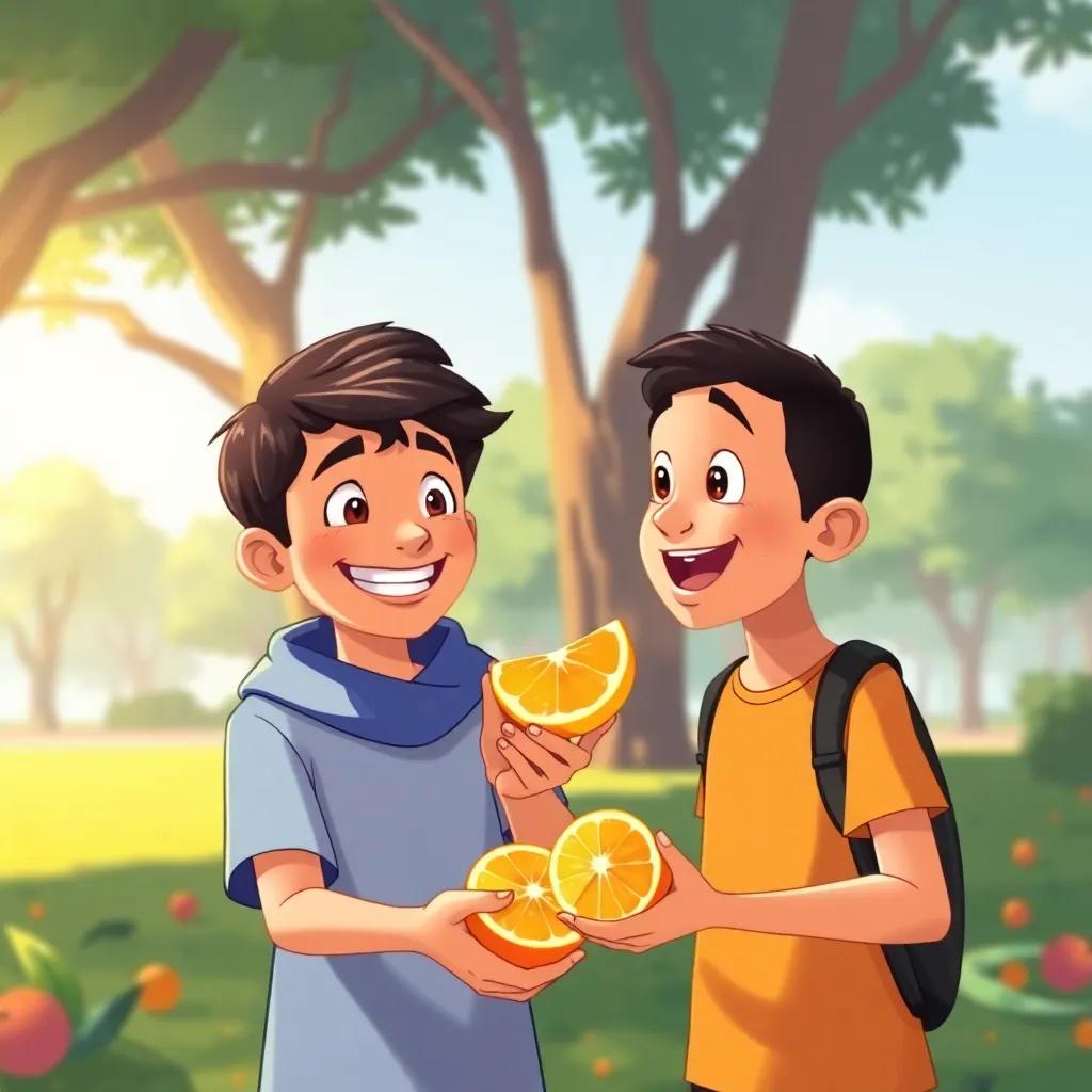 In the park, Zaid, a young Arab boy with short dark hair, smiling and holding a piece of orange, explaining healthy foods to Samy, who is excitedly looking at the fruit, vibrant illustration, friendly vibe, warm light, engaging perspective