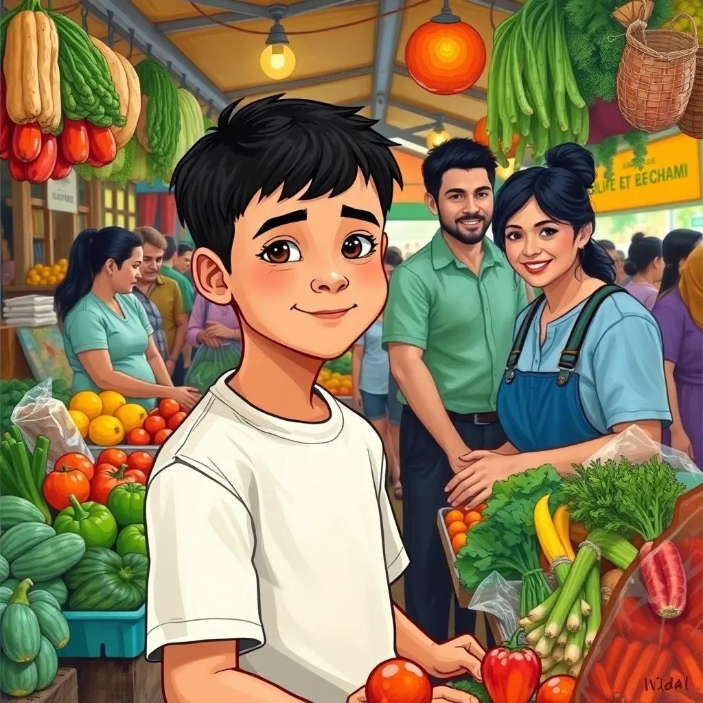 Nidal, a young boy with short black hair, wearing a plain t-shirt, helping a vegetable seller at a busy market, surrounded by colorful vegetables and friendly people, cheerful, vibrant, lively market scene, illustration, child-friendly, engaging