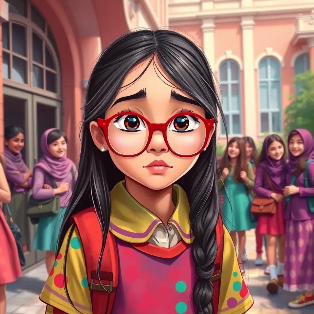 A young Arab girl, Suad, with long, dark hair, wearing large red glasses and a colorful school uniform, looking nervous but excited outside a school building filled with girls talking and laughing, digital art, bright colors, cheerful atmosphere, high quality