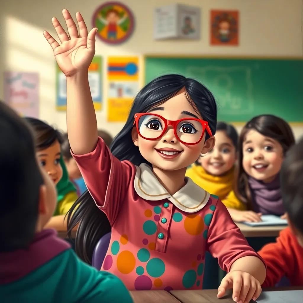 Suad, a young Arab girl, with long, dark hair, wearing large red glasses and a colorful school uniform, raising her hand in class with a big smile as her classmates watch her with laughter and kindness, colorful classroom scene, engaging, friendly vibes, high quality