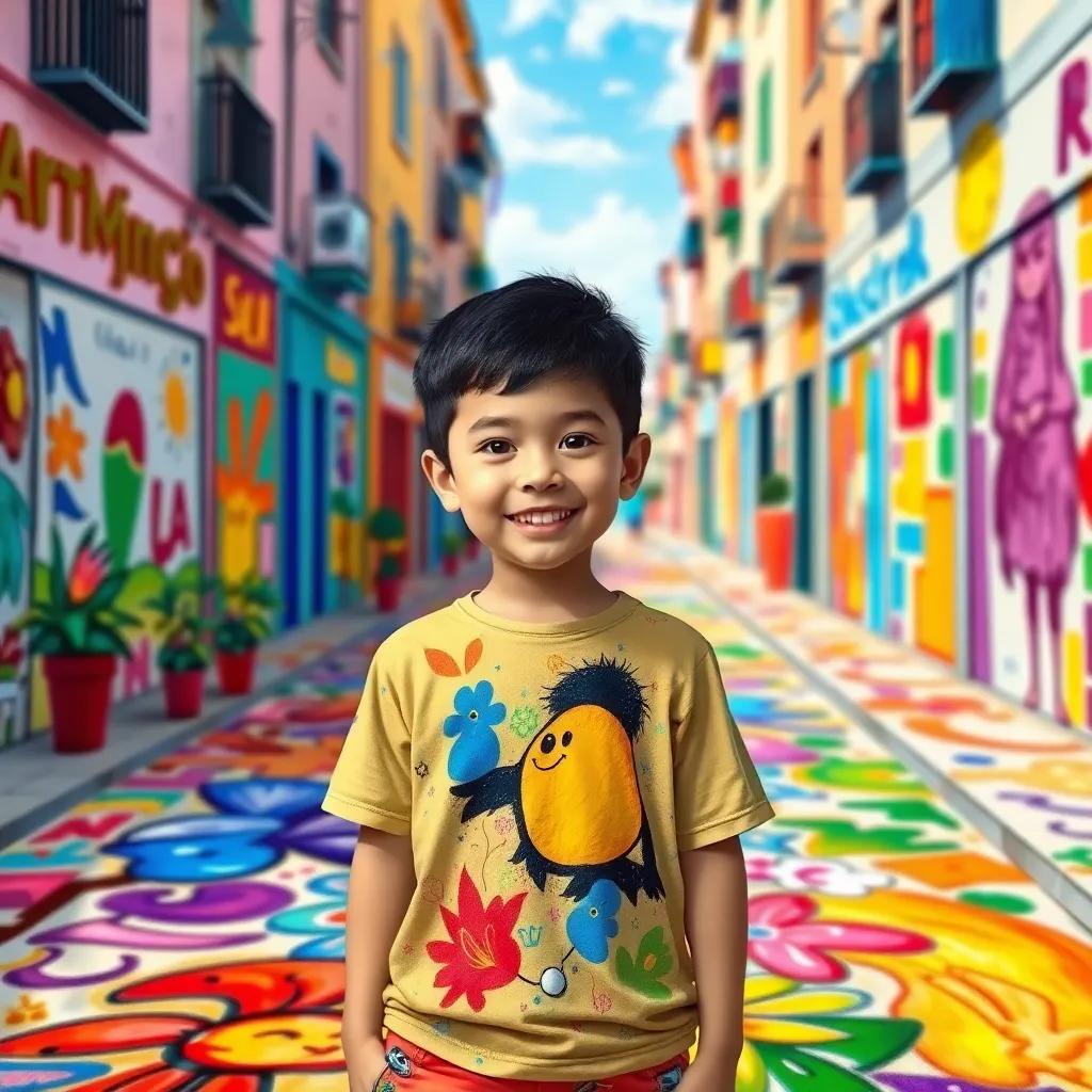 A small boy, Sami, with short black hair, wearing a colorful t-shirt and shorts, standing on a vibrant street covered in colorful drawings, smiling and speaking to his friends about cleanliness, digital art, cheerful colors, joyful atmosphere, high quality