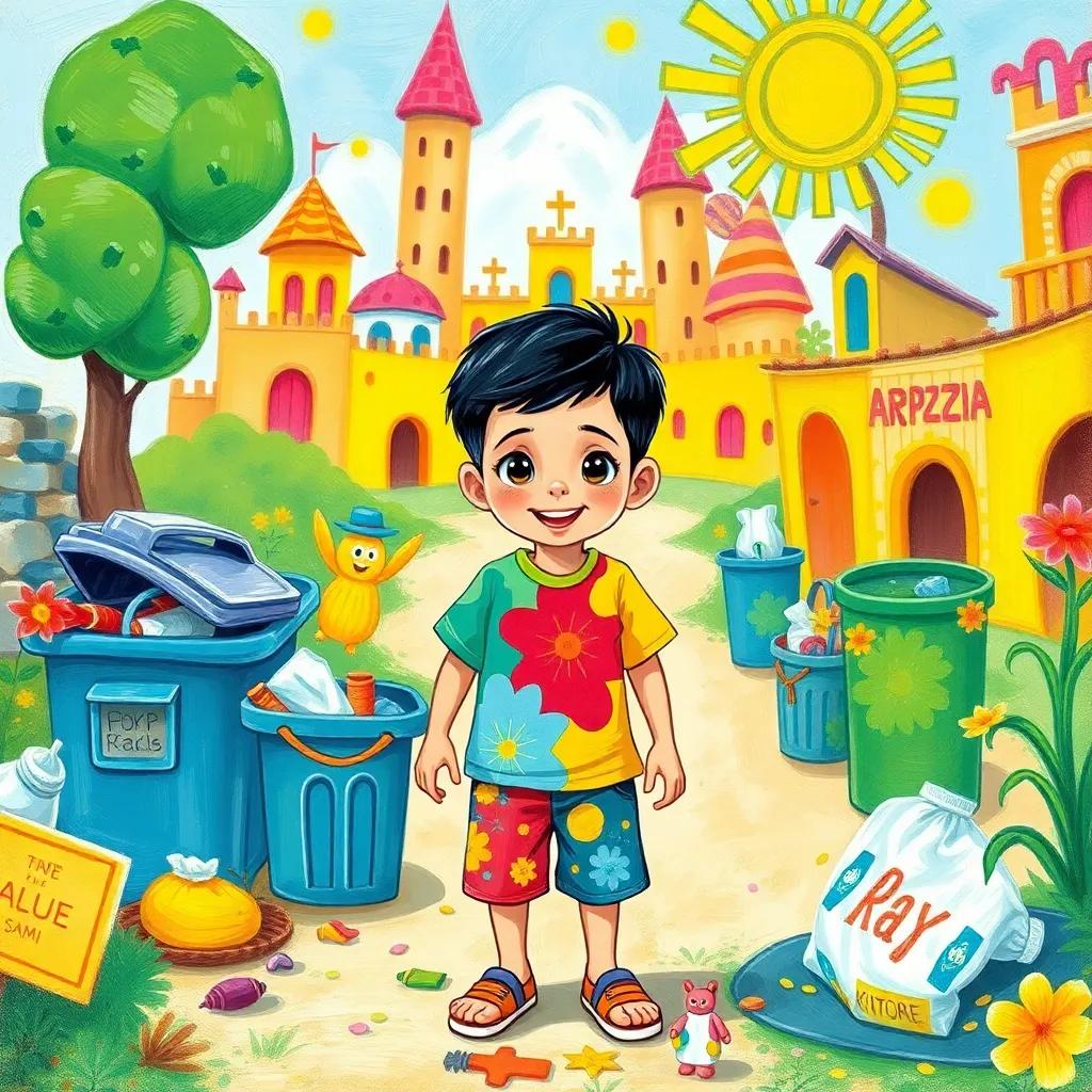 Sami, a small boy with short black hair, wearing a colorful t-shirt and shorts, happily collecting trash with his friends in a bright and colorful kingdom, surrounded by fun drawings, illustration, cheerful, engaging scene, child-friendly