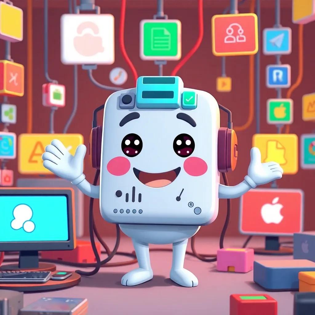 A friendly operating system character, represented as a cheerful system of software modules, surrounded by computer icons and wires, cartoon style, bright colors, inviting atmosphere, high quality