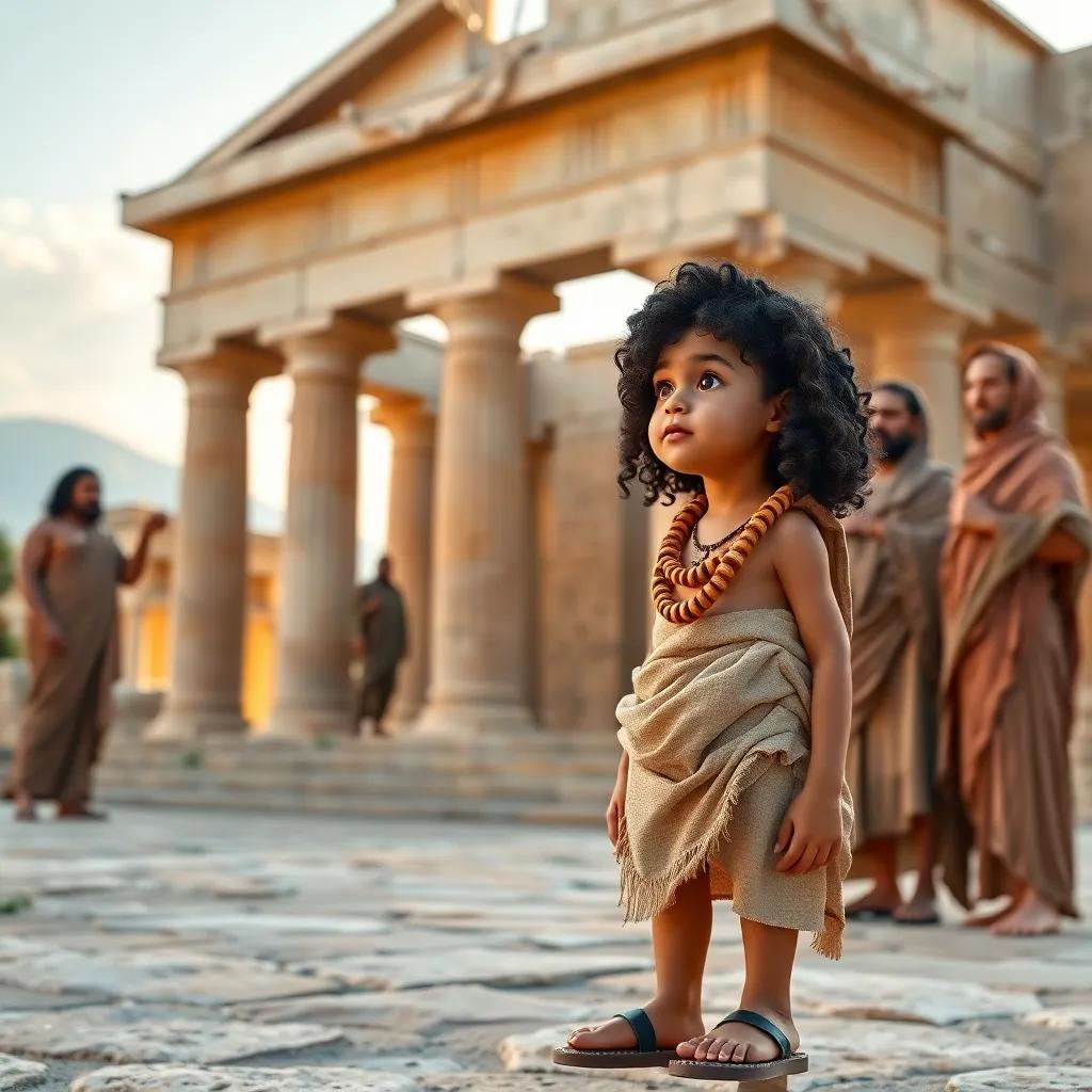 A young Greek boy, Pythagoras, with curly black hair, wearing a simple tunic and sandals, standing in front of an ancient temple, listening to wise men discussing geometry, digital art, vibrant colors, warm light, high quality