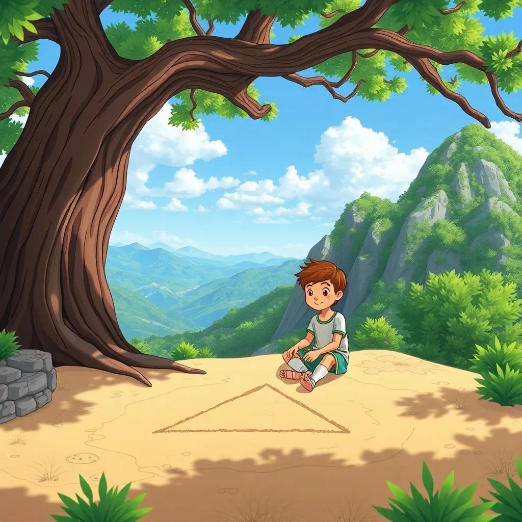 Pythagoras, a young Greek boy, sitting under a large tree on a mountain, drawing a right triangle in the sand, surrounded by green foliage and blue sky, illustration, cheerful, nature-themed, child-friendly
