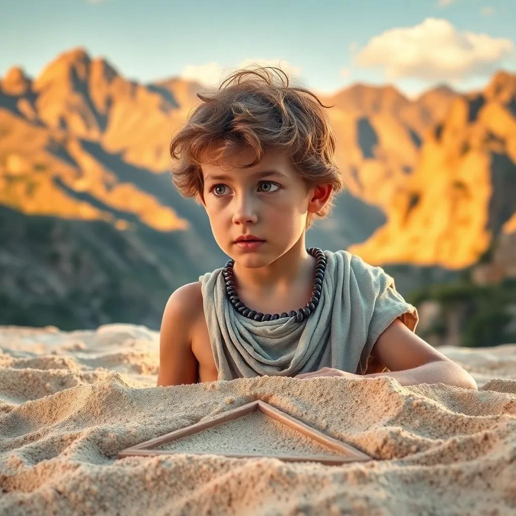 Pythagoras, a young Greek boy, looking thoughtfully at the triangle he drew in the sand, with a curious expression, surrounded by the beautiful mountains, warm sunlight, artistic style, high quality
