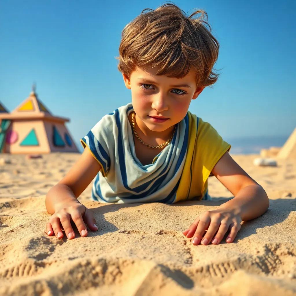 Pythagoras, a young Greek boy, drawing squares on each side of the triangle in the sand, with a focused look, colorful illustrations of geometry, vibrant environment