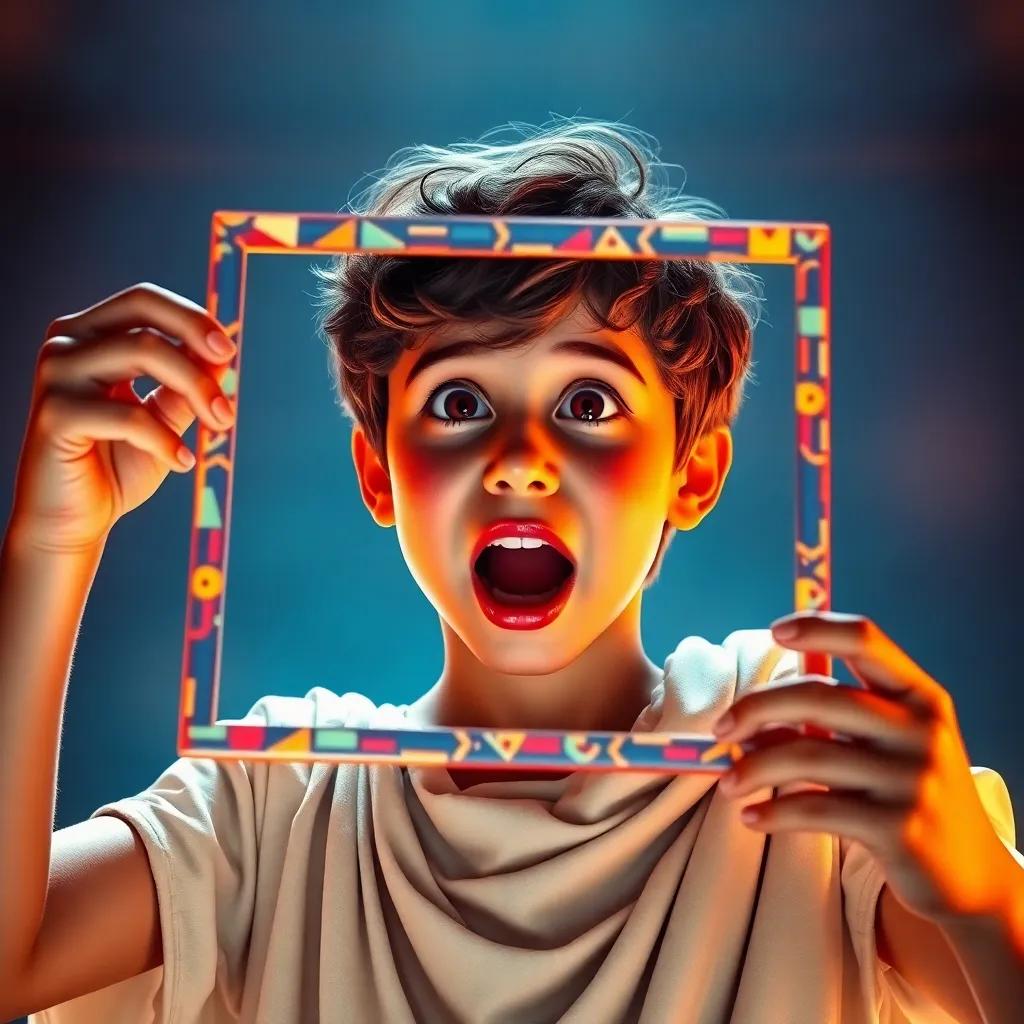 Pythagoras, a young Greek boy, showing excitement and amazement, noticing that the big square is equal to the sum of two smaller squares, vivid colors, bright light, enchanting atmosphere