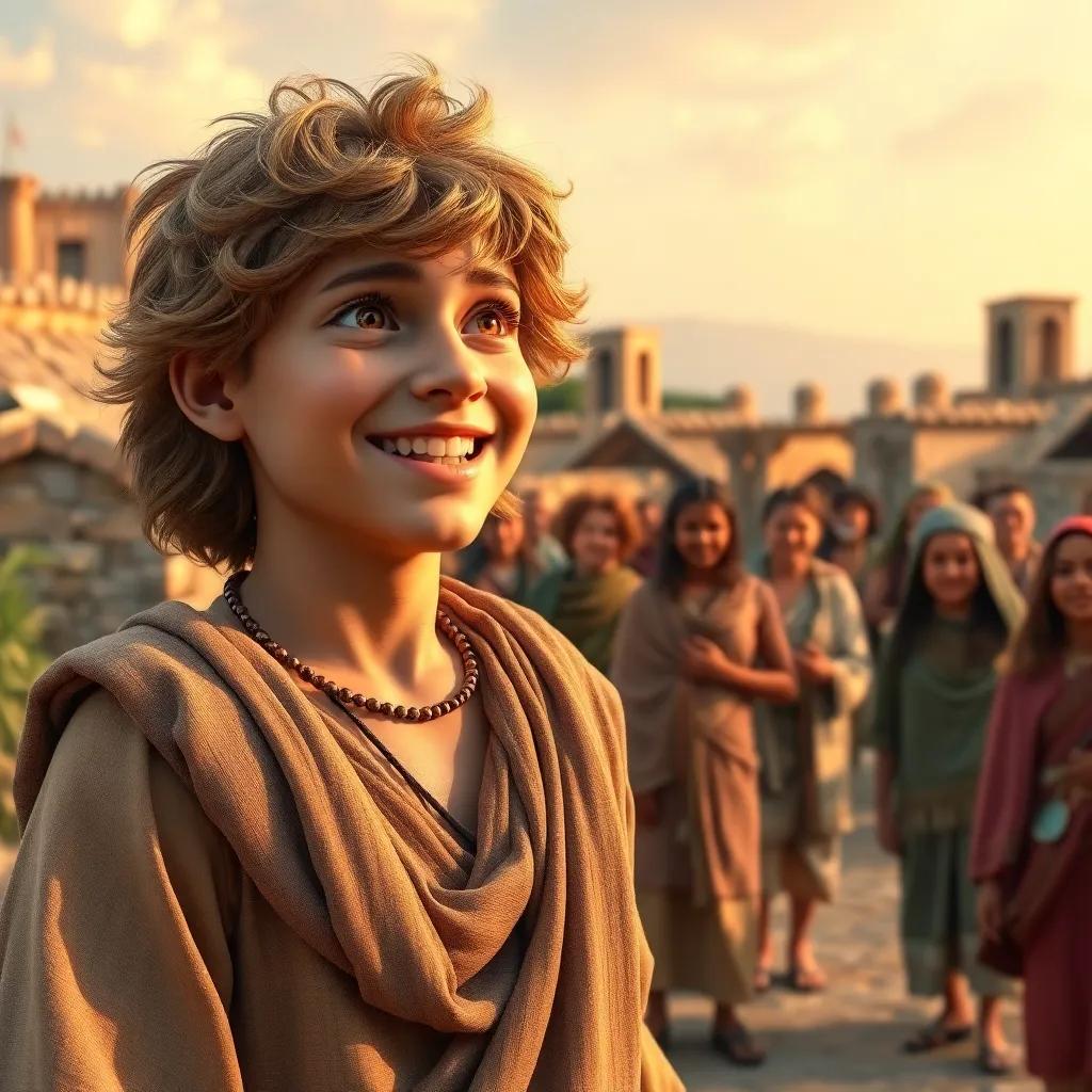 Pythagoras, a young Greek boy, returning to his city with a triumphant smile, talking to villagers with joy about his discoveries, warm colors, friendly atmosphere