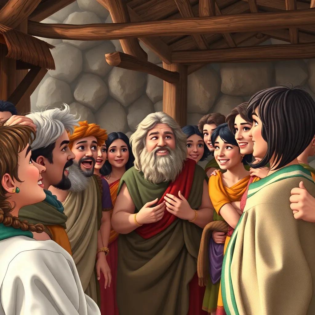 Villagers gathered around Pythagoras, sharing in wonder as he teaches them about triangles, their faces filled with amazement, colorful illustrations, lively scene