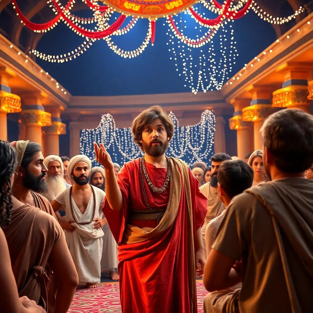 Pythagoras, a young Greek boy, with villagers listening attentively, explaining his theorem on a grand stage, colorful decorations and sparkling lights, engaging atmosphere, high quality