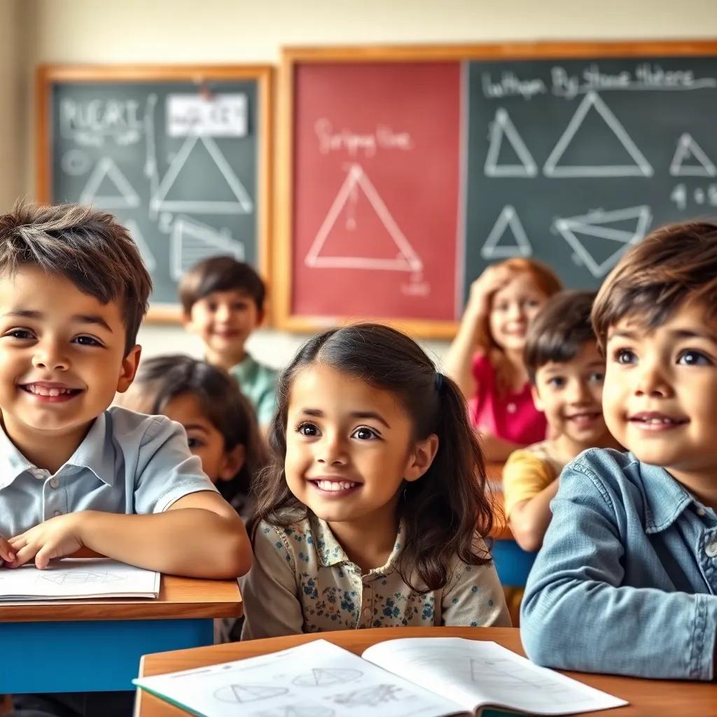 A classroom with children learning about Pythagorean theorem, inspired faces with drawings of triangles on the blackboard, educational theme, bright colors, inviting atmosphere