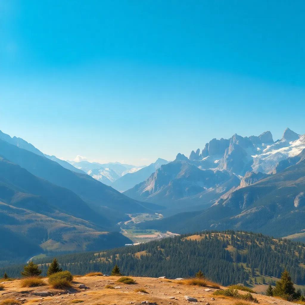 A picturesque landscape showing Pythagoras from a distance, surrounded by mountains and a clear blue sky, symbolizing knowledge and discovery, digital painting, peaceful and inspiring scene