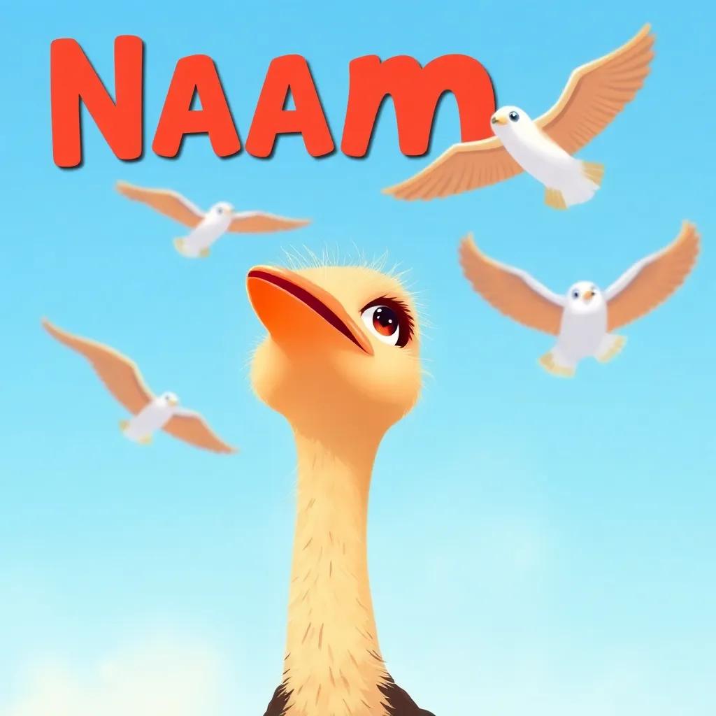 A small ostrich named Naama looking up at flying birds in a bright blue sky, curious and hopeful, digital art, vibrant colors, cheerful atmosphere, high quality
