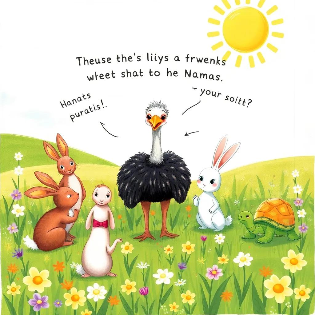 Naama, the small ostrich, surrounded by her friends, rabbits and turtles, brainstorming ideas to help her fly, a sunny meadow filled with flowers, playful scene, whimsical art, friendly vibe, high quality