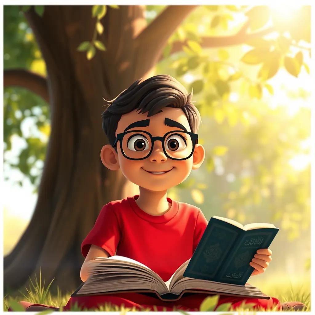 Youssef, a young Muslim boy with glasses, wearing a red t-shirt, sharing stories from the Quran, sitting under a tree, engaging expression, warm sunlight filtering through leaves, digital art, friendly, encouraging