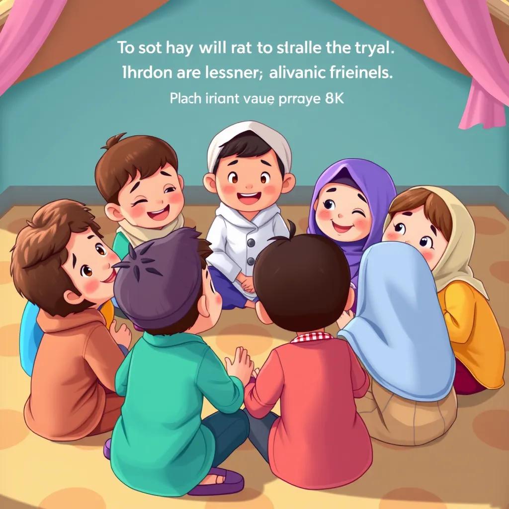 All the children together, sitting in a circle with excitement, deciding to share their lessons about prayer and Islamic values with their school friends, colorful clothing, joyful expressions, illustration, happy environment, high quality