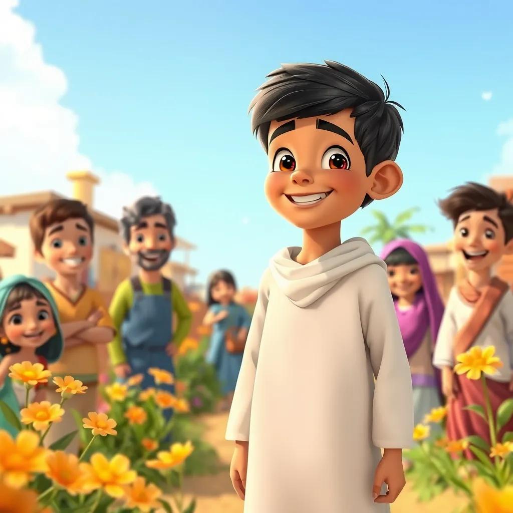 A young Arab boy, Sami, with short black hair and wearing a simple white thobe, standing happily in a small village surrounded by smiling neighbors and bright flowers, cheerful atmosphere, digital art, vibrant colors, community spirit, friendly vibe