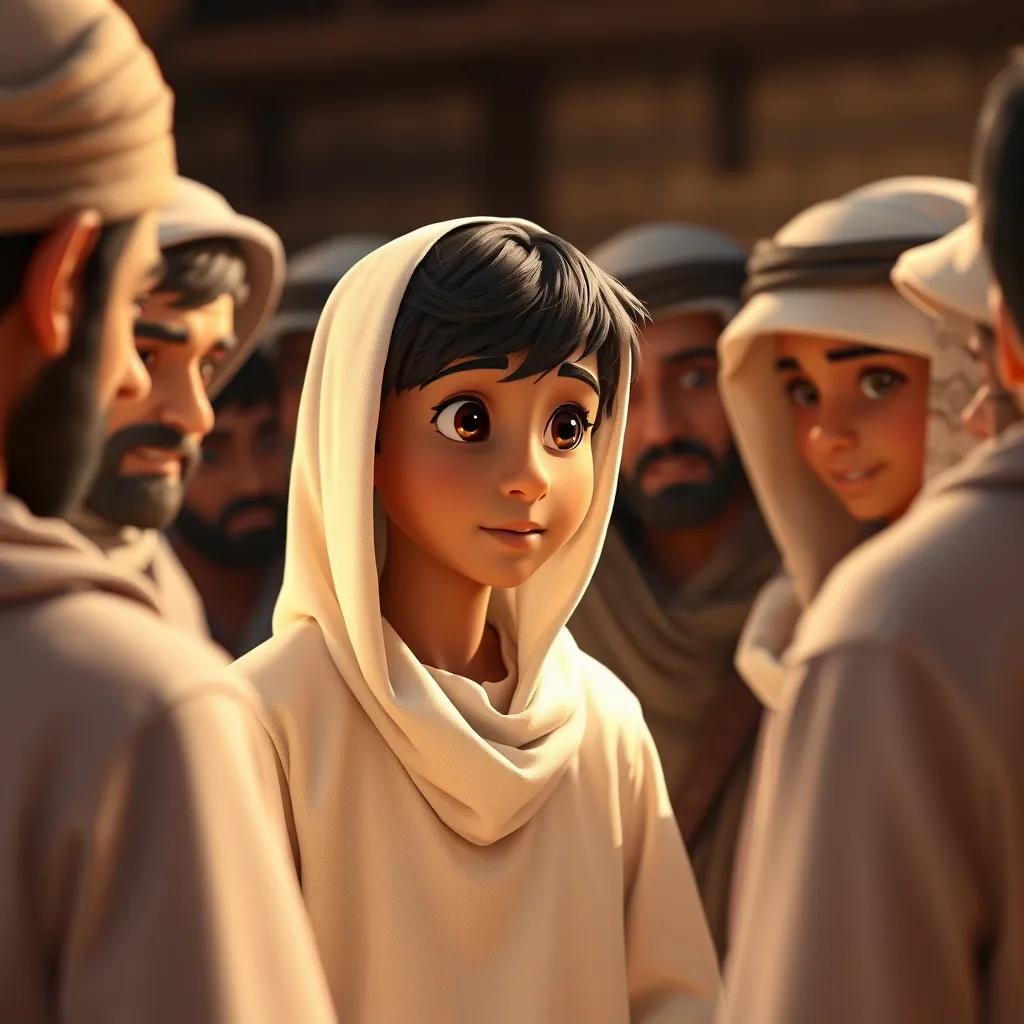 Sami, a young Arab boy with short black hair in a simple white thobe, speaking wisely to his villagers, who are gathered around him, attentive and leaning in, capturing the essence of friendship and trust, digital rendering, warm colors, heartfelt scene