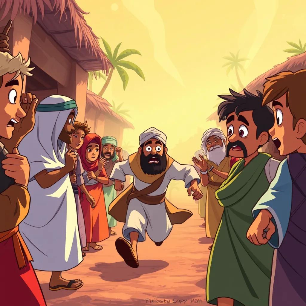 The villagers, led by Sami, looking surprised and shocked as the mysterious man runs away empty-handed, a sense of realization and relief, detailed illustration, bright colors, dynamic action, capturing the moment