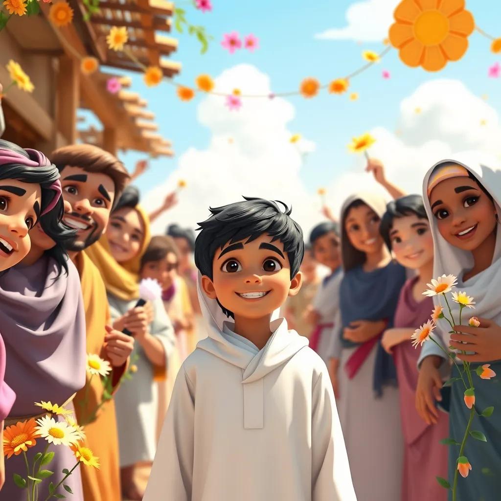 Sami, a young Arab boy with short black hair in a simple white thobe, surrounded by happy villagers celebrating with flowers and smiles, a sunny day with joy, depicting the moral lesson of kindness, vibrant colors, uplifting imagery