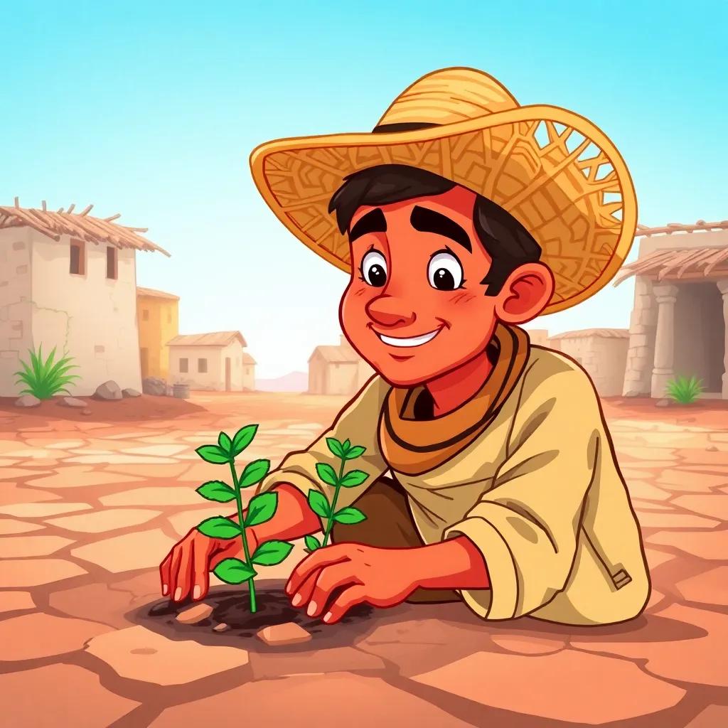 A farmer, Nasser, with a sunburnt face wearing a straw hat and simple clothes, in a dry village with cracked earth and bright blue sky, planting a mint seedling, digital art, lively colors, cheerful atmosphere, high quality