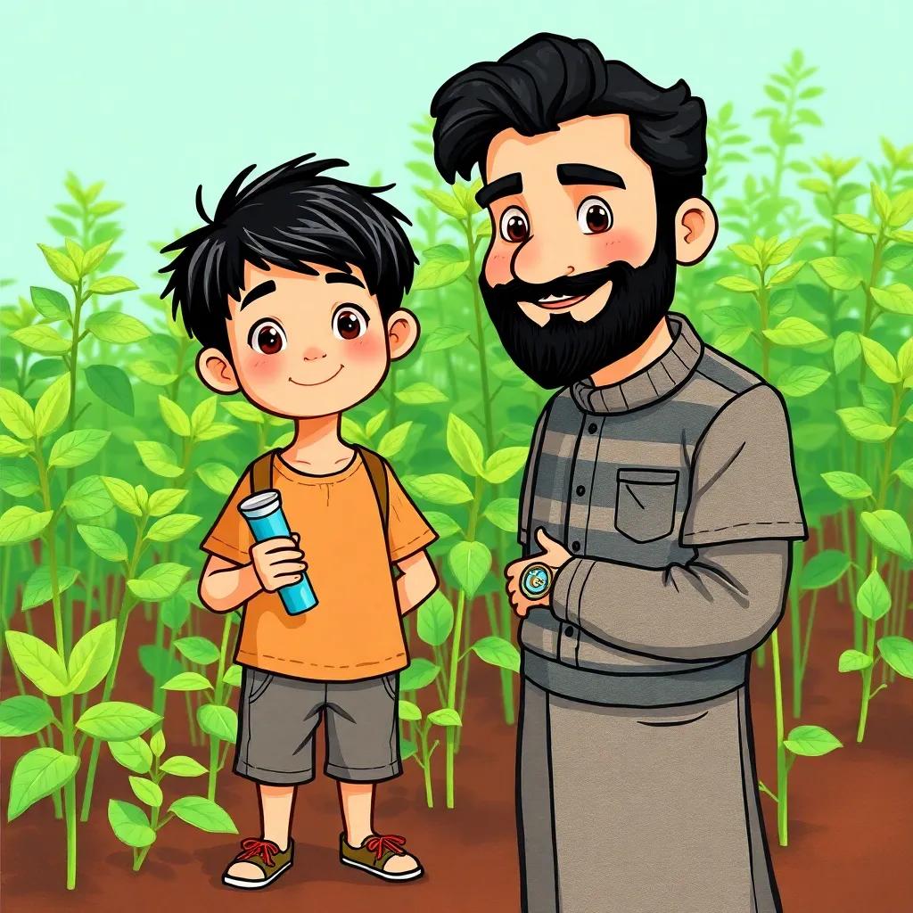 A young boy, Rakan, with short black hair holding a small tube, standing next to Nasser, both on a background of green mint plant growing, colorful illustration, playful and friendly vibe, vibrant light, child-friendly