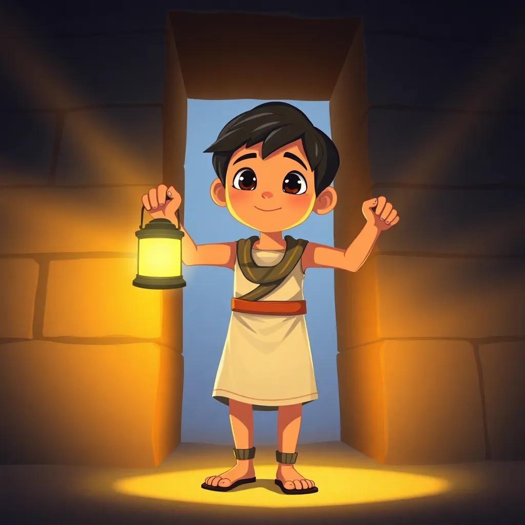 نفر, a young Egyptian boy with short black hair wearing a simple tunic, holding a lantern and bravely entering the Great Pyramid, shadows dancing on the walls, dynamic pose, illumination on his face, illustration, adventurous spirit, child-friendly