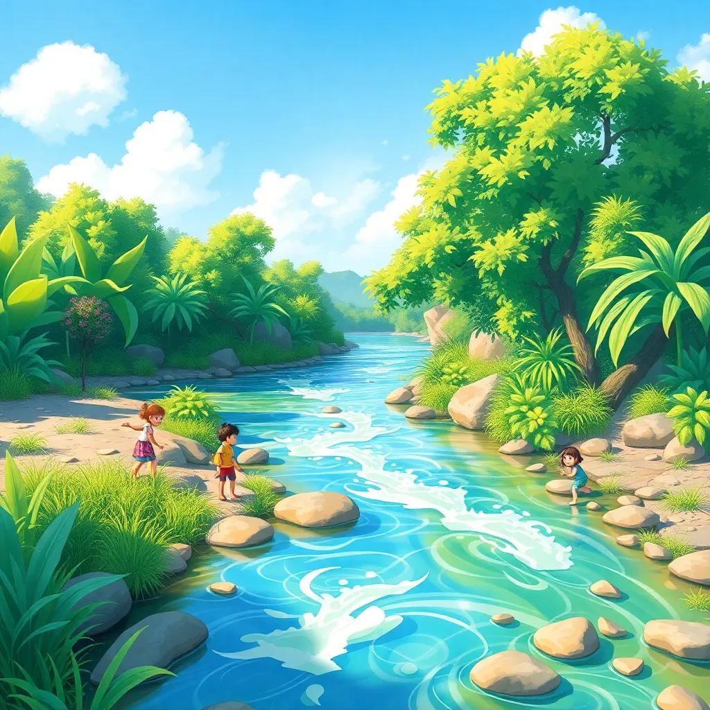 A vibrant river with clear water, lush green plants, children playing by the bank, enjoying their time, digital art, bright colors, cheerful atmosphere, high quality
