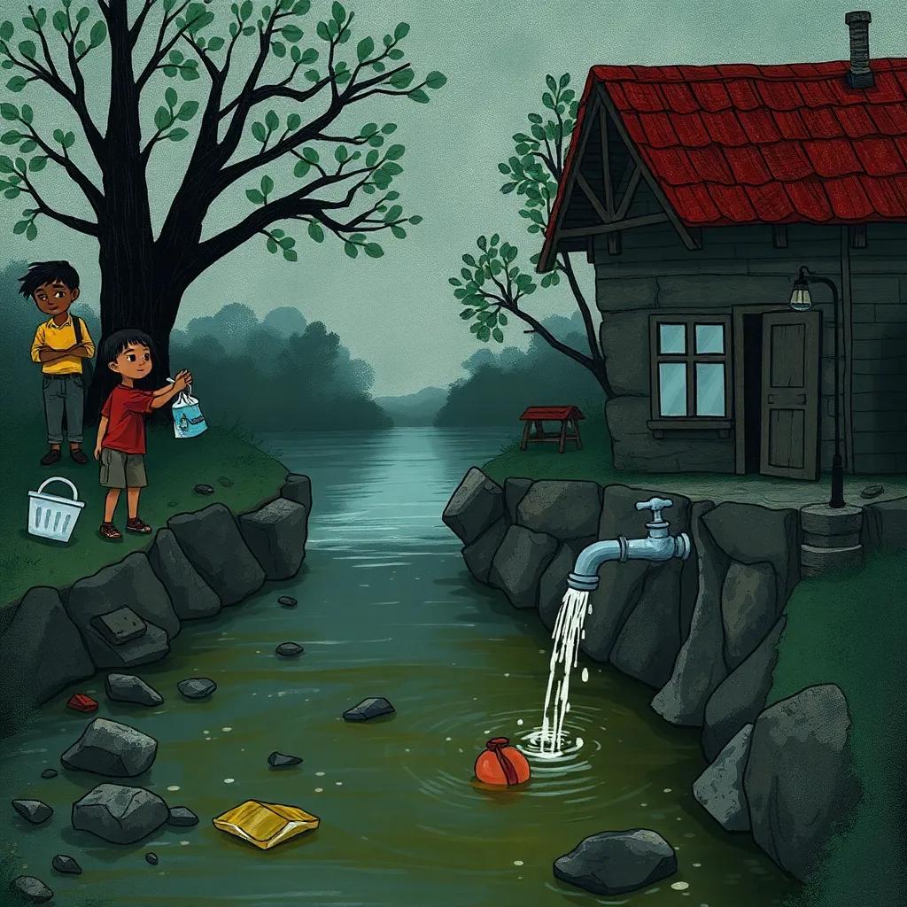 A scene showing people throwing trash into the river, with a tap left open at a child's house, depicting pollution, dark colors, sad atmosphere, relatable perspective, high quality