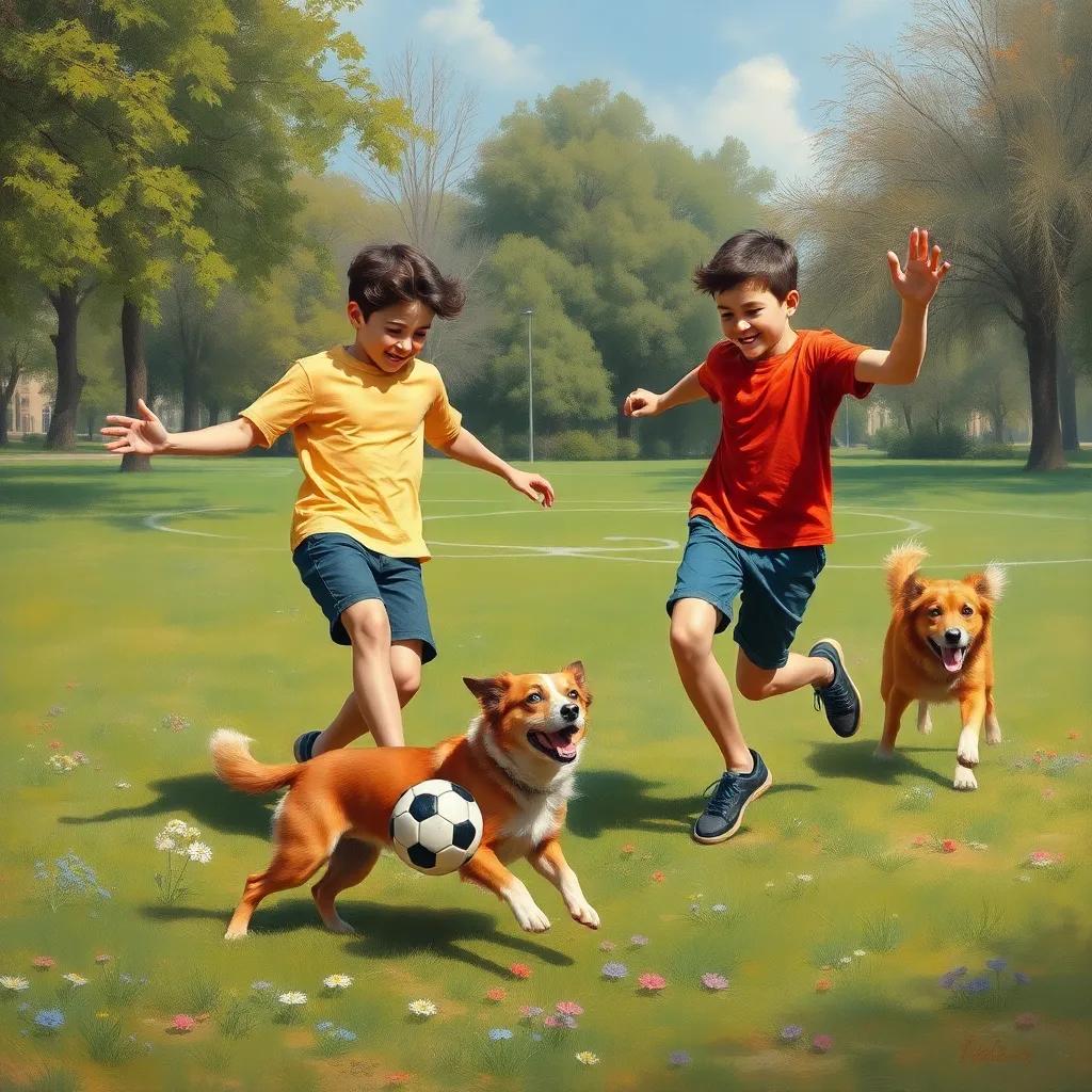 Two brothers playing football in the park, Sami kicking the ball with joy, Ali cheering with excitement, a friendly dog Lolo running around them, vibrant colors, fun and energetic scene, high quality
