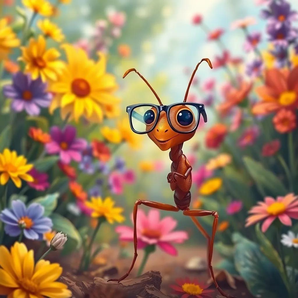 A small, smart ant, wearing tiny glasses, standing confidently in a beautiful garden with colorful flowers, vibrant scenery, digital art, cheerful atmosphere, bright colors, high quality