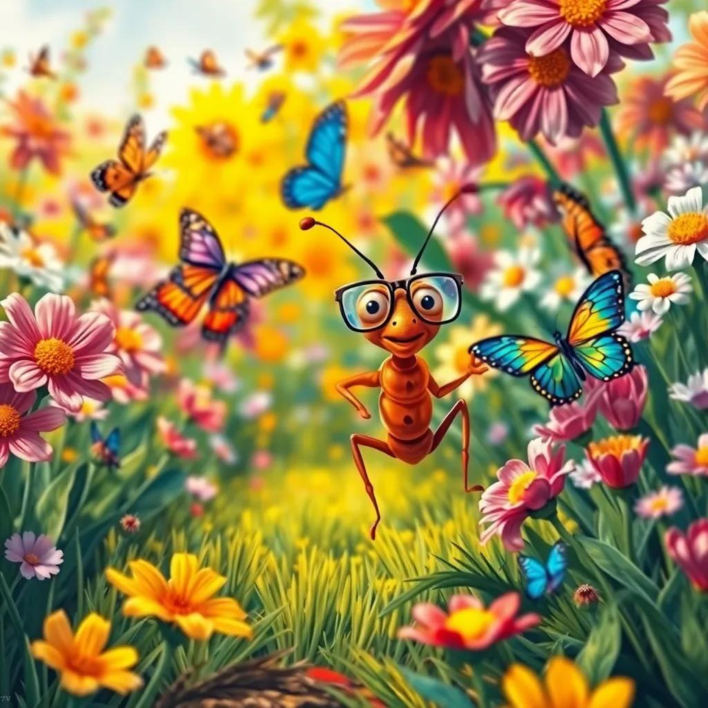 A small, smart ant with glasses, running excitedly after colorful butterflies in a bright flower garden filled with blooms, whimsical art, sunny day, vivid colors, immersive perspective