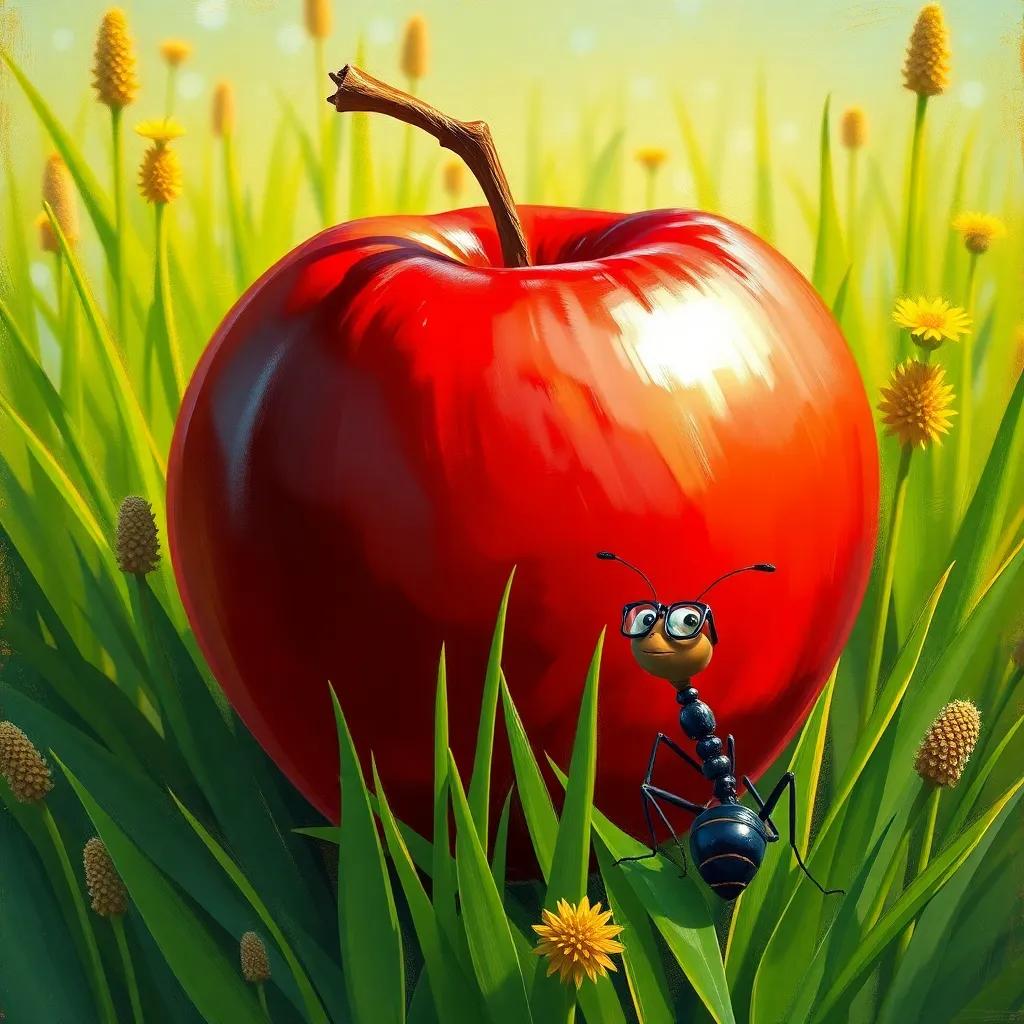 A big, red apple sitting on a tall green grass, surrounded by the smart ant with glasses looking up, digital illustration, inviting, warm colors, detailed