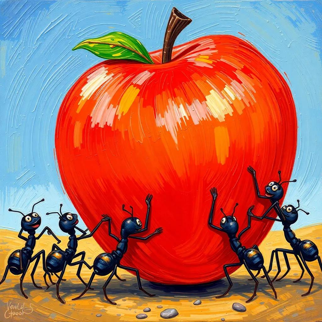 A group of determined ants, working together in unity, pushing a large red apple towards their home, laughter and teamwork illustrated, colorful art, dynamic perspective, engaging