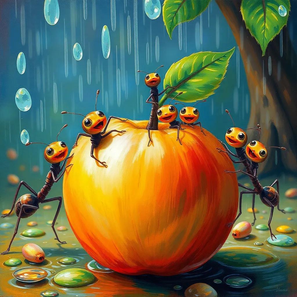 A joyful scene of ants singing together while pushing an apple, with raindrops falling gently around them, colorful, lively atmosphere, vivid imagery, high quality