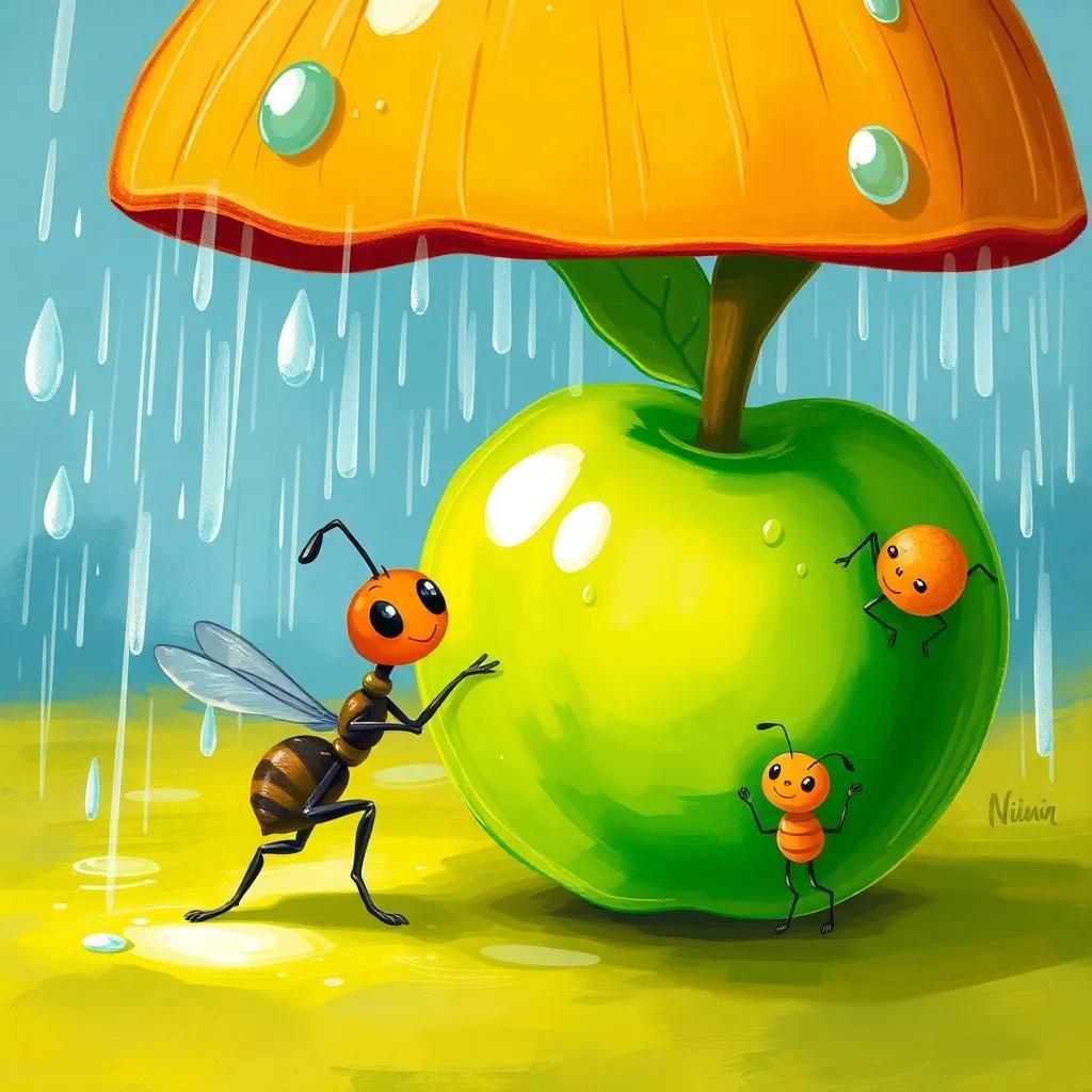 A small smart ant under a rain shower, still pushing the apple with friends, showing determination, child-friendly illustration, light-hearted vibe, bright colors