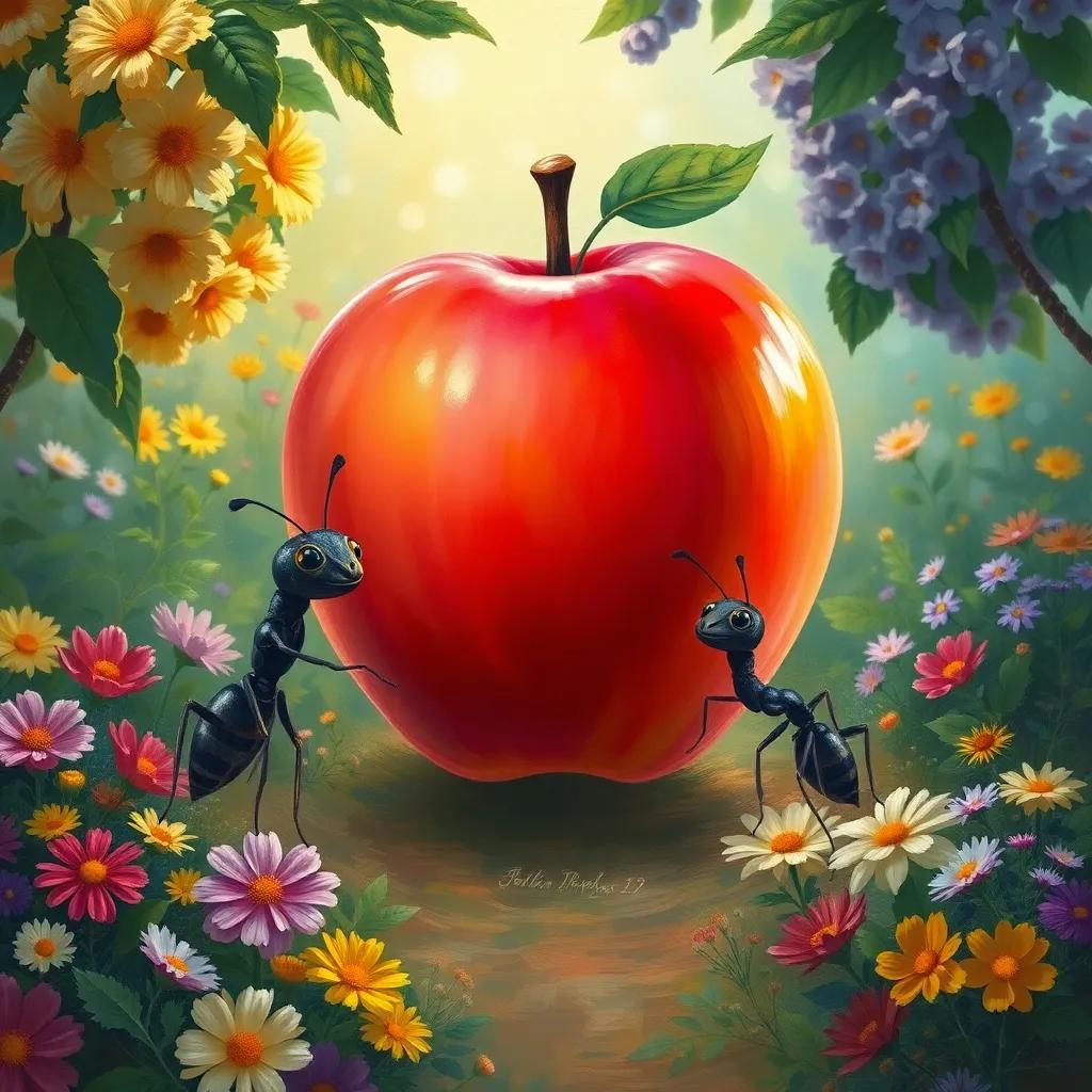 A proud little ant celebrating with friends around a huge apple in their home garden, filled with flowers and joyful mood, digital painting, vibrant colors, cheerful perspective